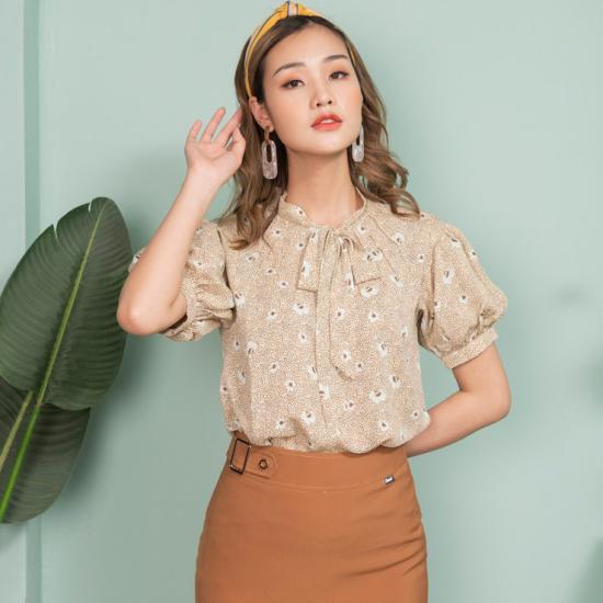 Áo kiểu nữ TosonFashion họa tiết dáng suông tây bồng nơ cổ 14042H620