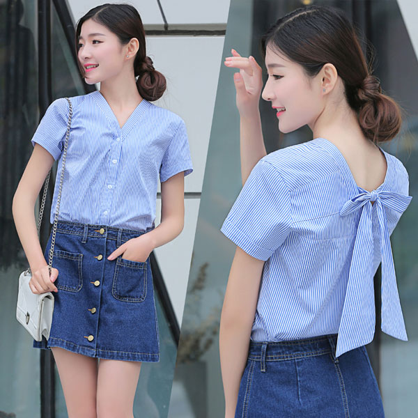 Áo sọc xanh đính nơ sau Hoàng My CLA 02